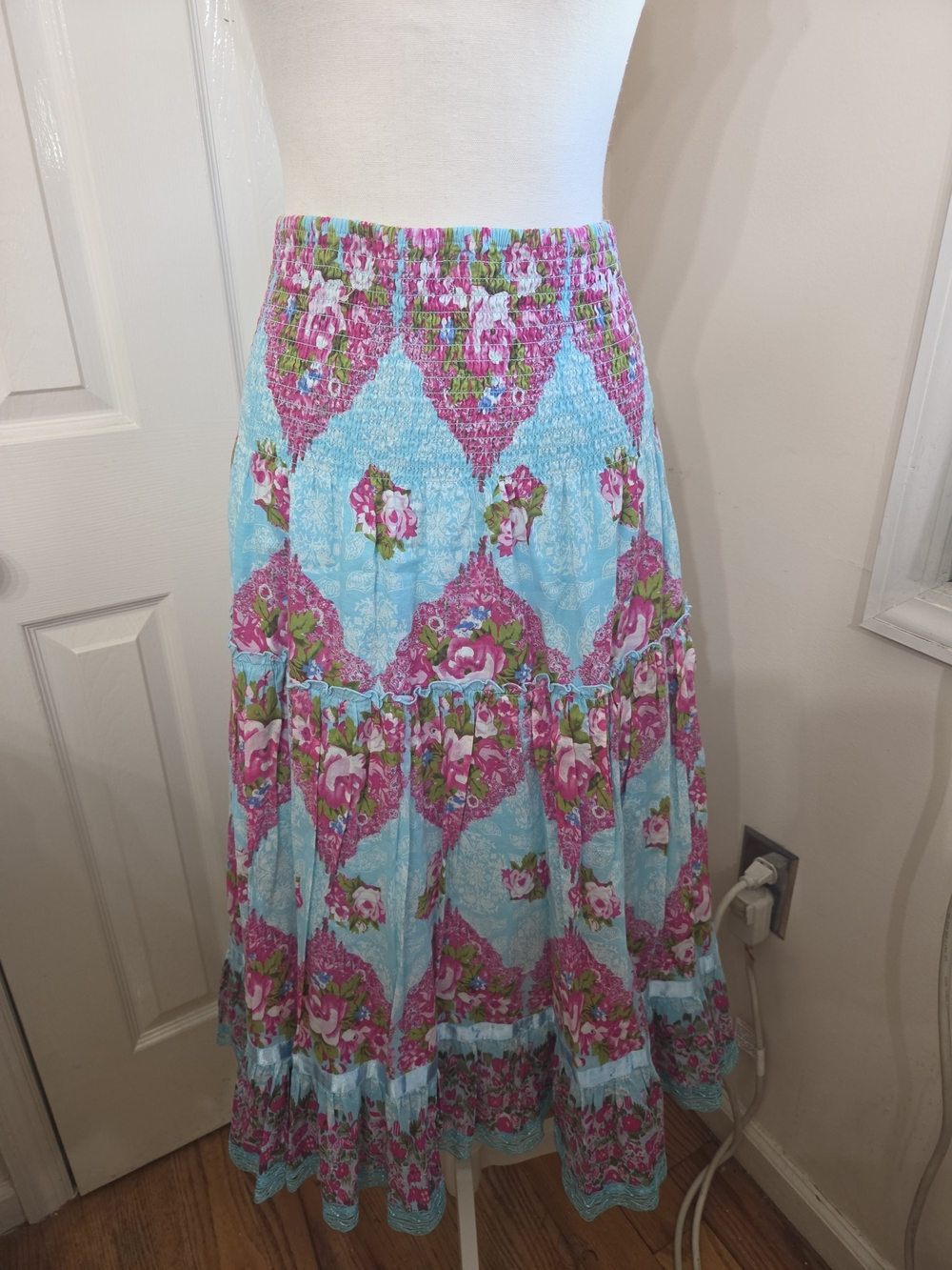 Lapis Floral Tiered Maxi Skirt - Light Blue & Pink